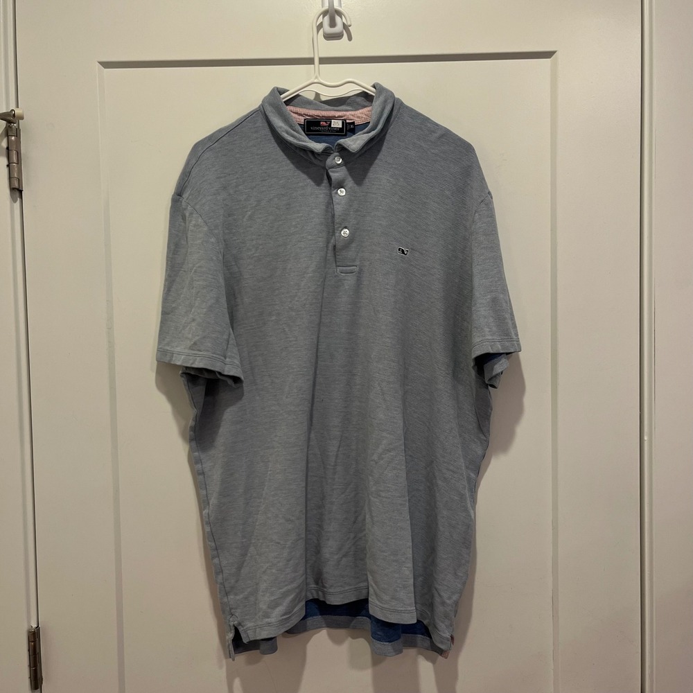 Vineyard Vines Mens XL Blue Pique Short Sleeve Polo Shirt Gingham Trim